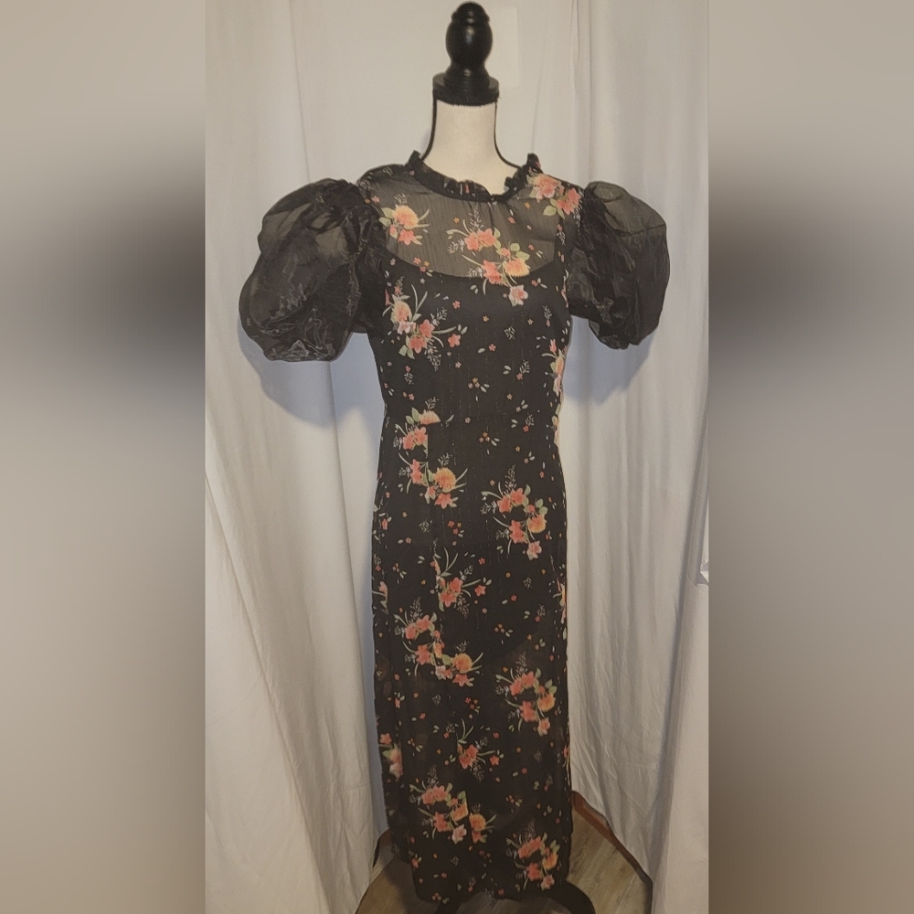 Topshop Black & Pink Floral Print Midi Dress Organza Sleeves